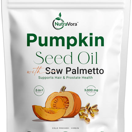 NutraVora Pumpkin Seed Oil with Saw Palmetto Capsules – Men’s Prostate, Hair & Hormone Support Supplement – 3000 mg High Potency Cold-Pressed Formula – Non-GMO, Gluten-Free, Lab Tested – 300 Softgels