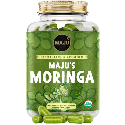 Maju Superfoods Organic Moringa Capsules, Oleifera Leaf, Extra-Fine Quality Moringa Leaves, Dried Drumstick Tree Leaves, Organic Moringa Powder Extract Supplement Capsules from Plant (90 ct)
