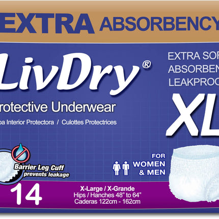 LivDry Adult XL Incontinence Underwear, Extra Absorbency Adult Diapers, Leak Protection, X-Large, 14-Pack
