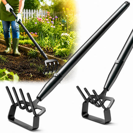 Garden Hoe with Rake, 37-82" Adjustable Long Handle Stirrup Weeder Hoe & 4-Tine Cultivator, Heavy Duty Scuffle Loop Hoe for Fast Weeding, Soil Loosening, Flower Beds, Vegetable Gardens