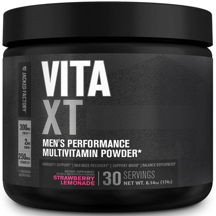 Jacked Factory Vita XT Performance Vitamin Powder - Daily Multivitamin Powder for Men with KSM-66 Ashwagandha, Prebiotic Fiber, Vitamin A, C, D, K, B6, B12, & More - Strawberry Lemonade, 30Sv