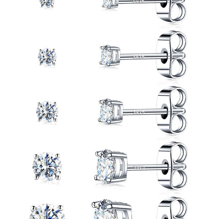 Kosuwo Moissanite Stud Earrings Set, 925 Sterling Silver, 18K White Gold Plated, Hypoallergenic, 5 Pairs, for Women and Men (18K White Gold)