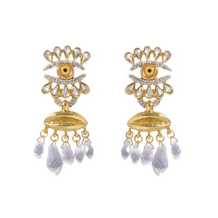 RELOVET Crystal Eye Drop Earrings, Gold-Plated Statement Dangle Earrings with Teardrop Crystals and Lip Design Large Earrings for Women