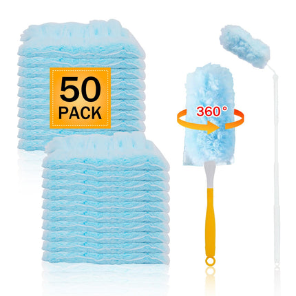 50PCS 360° Duster Refill for Swiffer Duster, Heavy Duty Refills Disposable Microfiber Duster Feather Duster Kit with1 Short Handle and 1 Extenda Handle
