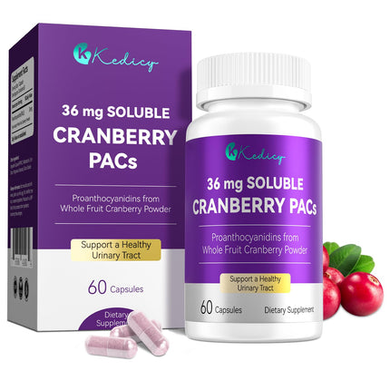 Kedicy Cranberry Pills for Women with 36 mg Soluble PACs, Sourced from New England Whole Fruit Cranberries Powder, Cranberry Pills for UTI Defense & Urinary Tract Health, 60 Caps