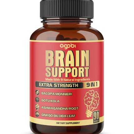 agobi 9in1 Brain Support Supplement - Concentrated Ashwagandha Root, Gotu Kola Powder, Bacopa Monnieri Powder and More - 90 Capsules - 3 Months Supply