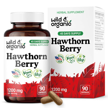 Wild & Organic Hawthorn Berry Capsules 1200 mg - Overall Support - Hawthorne Berry Supplement - Crataegus Monogyna Fruit Powder - 45 Days of Supply - Vegan, No Fillers, Non-GMO - 90 Count