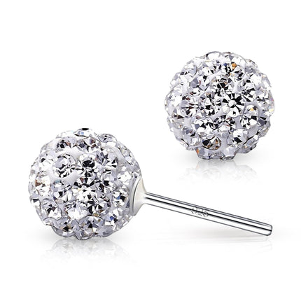 Crystalline Azuria 925 Sterling Silver Earrings White Crystals Round Disco Ball Stud Earrings 8 mm for Women