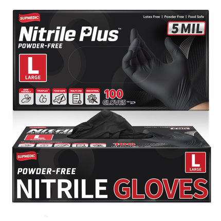 Supmedic Nitrile+ Disposable Gloves 5Mil Powder-Free Glove, Black 100 (L)