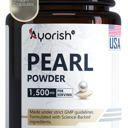 Ayorish Pearl Powder Capsules 1500mg | Organic Pure Levigated Pearl Powder Supplement to Support Skin, Eyes, Nails, Beauty | Natural Freshwater Pearl Capsules | 120 Veggie Caps | Clean Herbal Extract