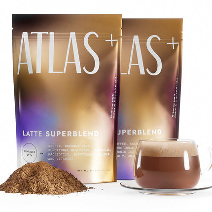 Atlas+ Latte Mushroom Coffee Superblend– Premium Coffee with Collagen, Probiotics, D3 & B12, Lion’s Mane, Reishi, Cordyceps, Coconut– for Energy, Focus, Immunity & Gut Health– 40 Servings (2 Bags)
