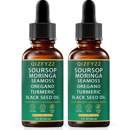QIZFYZZ Liquid Drops - Soursop Bitters Liquid with Sea Moss, Moringa & Turmeric Extract, Immune Support and Overall Health, Vegan, Non-GMO | 2 Fl Oz