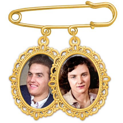 Gold Wedding Bouquet Photo Charm Pin Holds 2 Pictures Double Photo Charm Boutonniere Pin with Resizer