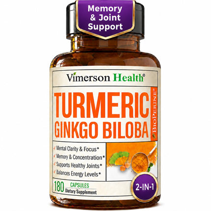 Ginko Biloba Capsules with Ginkgo Biloba 120mg & Organic Turmeric for Joint Support, Focus and Brain Health – Gingo Biloba Supplement with Black Pepper (Bioperine) for Max Absorption – 180 Count