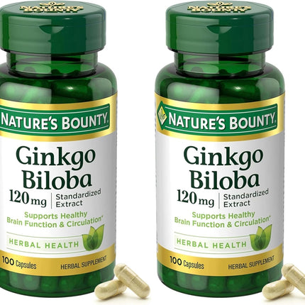 Nature's Bounty Ginkgo Biloba Standardized Extract 120 mg, Herbal Bottles, Capsule, 100 Count, Pack of 2