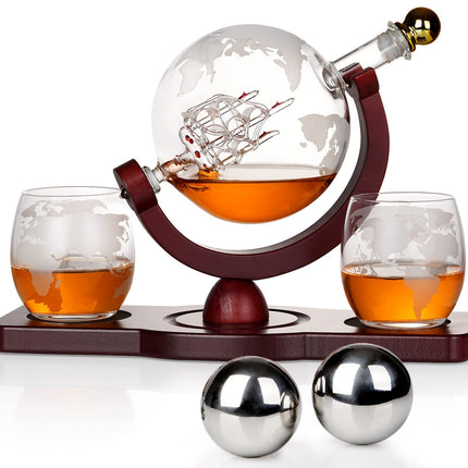 PONPUR Gifts for Men Dad Christmas, Whiskey Decanter Globe Set with 2 Ball Stones & 2 Glasses, Anniversary Birthday Gifts for Him Husband Boyfriend Brother, Cool Stuff Gift for Bourbon Scotch