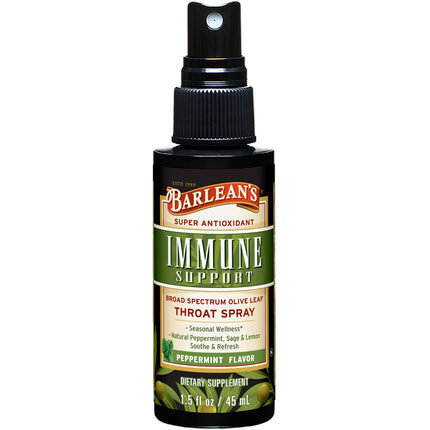 Barlean's Olive Leaf Complex Throat Spray, Immune Support Supplement with Peppermint, Lemon, and Sage for Itchy Throat Relief, Liquid Blended Extract, 1.5 oz
