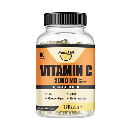 Happi Mi Nutrition Vitamin C 2000mg per Serving with Zinc 40mg & Vitamin D3 5000 IU – Echinacea Extract & Rose Hip – 120 Vegan Capsules, 60 Day Supply, Non-GMO, No Fillers