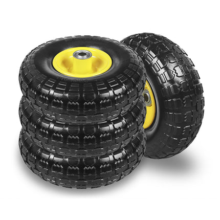 10 Inch Soild Rubber Dolly Tire Wheels, 4.10/3.50-4" Tire and Wheel Flat Free for Garden Carts, 5/8" Bearings,2.1"Offset Hub for Hand Truck, Gorilla Cart, Wheelbarrow Metal (4 Packs)