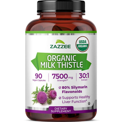Zazzee USDA Organic Milk Thistle 30:1 Extract, 80% Silymarin, 90 Vegan Capsules, 3 Month Supply, Certified Kosher, High Potency Liver & Antioxidant Support, Silybum Marianum, Non-GMO, Made in the USA
