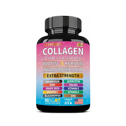JTEVEweu Collagen Supplement - Types I, II, III, V & X, MCG Biotin, Keratin, Hyaluronic Acid, Zinc, Grape Seed Extract, Quercetin, Vitamin A, Vitamin C, Vitamin E, Magnesium, Folic Acid（90 Capsules）