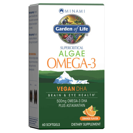 Garden of Life Minami Algae Omega 3 Vegan DHA for Brain and Eye Health - Orange Flavor, 500mg Plant Based DHA Omega-3 Vegan Algae Oil plus Astaxanthin, No aftertaste, 60 easy-to-swallow Mini Softgels