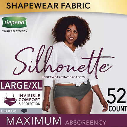 Depend Silhouette Incontinence Underwear for Women, Maximum Absorbency, Disposable, Large/Extra-Large, Black, 52 Count (Packaging May Vary)