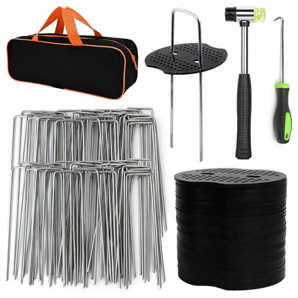 202Pcs Garden Stake Staple kit, 100Pcs 6-inch U-Shaped Landscape Staples, 100 Fixing Gasket, Pick Hook, Rubber Mallet Used for for Weed Barrier Fabric, Ground Cover, Holding Fence and Artificial Turf