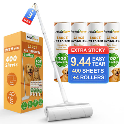 Large Floor Lint Roller with Extendable Long Handle, 9.45" Extra Wide Sticky Roller, 400 Sheets with 3 Refills, Heavy Duty Pet Hair Remover for Floor, Carpet, Couch & Hard-to-Reach Areas