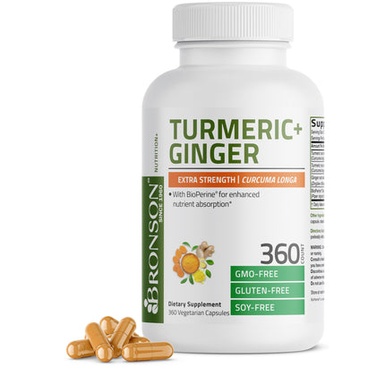 Bronson Turmeric + Ginger Extra Strength Joint Health & Digestion Support with BioPerine, Non-GMO, 360 Vegetarian Capsules