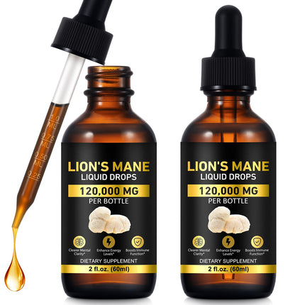 MAYPJHEH 2-Pack Lions ManeMushroom Drops – Brain Supplement 120,000 MG, Memory Focus & Immunity Vitamins, Plant Extract 4 Oz