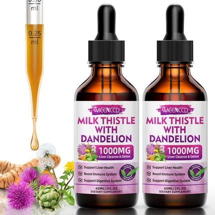 MEENCCD 2 Pack Milk Thistle Liquid Drops - Milk Thistle Supplement with Silymarin, Antioxidant Support, Vegan, Non-GMO, 4 Fl Oz