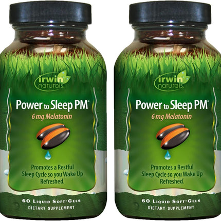 Irwin Naturals Power to Sleep PM - 6mg Melatonin, GABA, Ashwagandha, Valerian Root & L-Theanine Supplements for Men and Women - Supports Restful Sleep Cycle & Relaxation - 60 Liquid Soft-Gels (2 Pack)