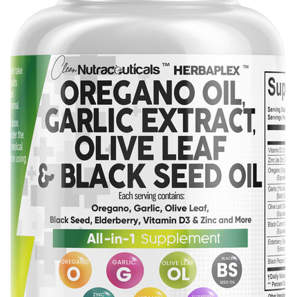 Clean Nutra Oregano Oil with Black Seed Oil Garlic Olive Leaf Extract - Oil of Oregano Capsules Immune Support Carvacrol & Thymoquinone Supplement for Women and Men + Elderberry Vitamin D3 & Zinc