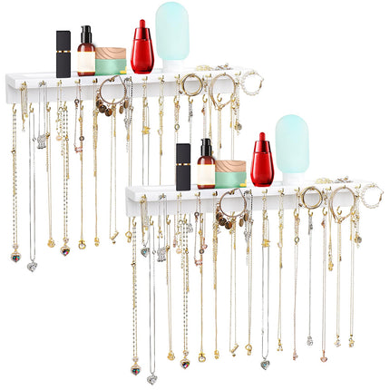YYILIS Necklace Holder, Upgraded Extra Large Wall Necklace Organizer with 30 Hooks Wall Mounted Necklace Hanger with Jewelry Tray/Cosmetics Shelf Rustic Pine Wood Holder (2 Pack-Double White)