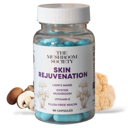 The Mushroom Society Skin Rejuvenation Supplement - Inner Skin Glow & Cellular Repair Formula – Lion’s Mane, Oyster, Vitamin E, Niacin + Beta-Glucans – Antioxidant + Beauty Blend - 120 Vegan Capsules