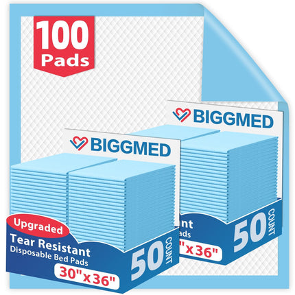 BIGGMED Tear-Resistant Disposable Bed Pads 30" x 36" 100 Count Absorbent Underpads, Chux Thicker Extra Large Incontinence Bed Pads, Pee Pads for Adults, Kids, Elderly, Pets