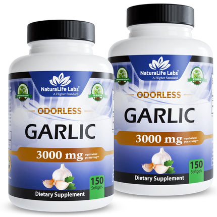 NaturaLife Labs Odorless Garlic – Concentrated 100:1 Garlic Extract with Olive Oil – 150 Softgels – Non-GMO, Gluten-Free (2 Pack)