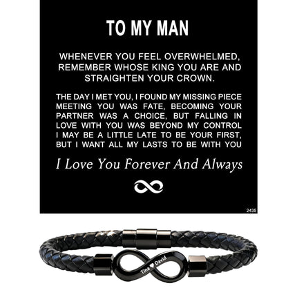 ziella To My Man,Personalized Dual Name Infinity Leather Bracelet,Personalized Custom Name Stainless Steel Bracelet Valentine Birthday Gifts for Him (L (Large), 9-inch)