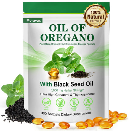 Moravax Oil of Oregano Softgels with Black Seed Oil 300 Softgels, 6000mg High Potency Oregano Oil Capsules with Organic Carvacrol & Thymoquinone, Immune & Digestive Support, Non-GMO, Gluten Free