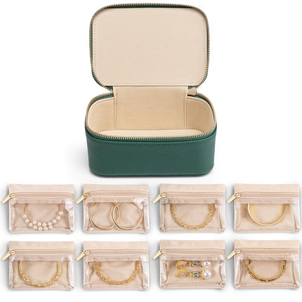 Vlando Jewelry Box with 8 Velvet Jewelry Bags Travel Jewelry Storage Box Petal Hardware Jewelry Organizer for Necklace Rings Earrings Women Gifts for Christmas Birthday-Green