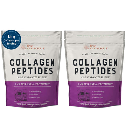Live Conscious Collagen Peptides Powder - Hair, Skin, Nail, and Joint Support - Type I & III Collagen - Naturally-Sourced Hydrolyzed Protein - 16oz (2-Pack)