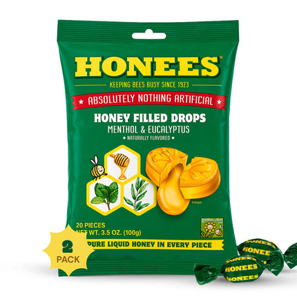 Honees Filled Menthol Cough Drops, Honey, Menthol & Eucalyptus Cough Drops- Natural Sore Throat Relief - Nothing Artificial -Throat Lozenges, Non-GMO (5 Pack - 100 Drops)