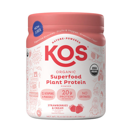 KOS Vegan Protein Powder, Strawberries & Cream USDA Organic - Low Carb Pea Protein Blend, Plant Based Superfood with Vitamins & Minerals, Gluten Free - Meal Replacement for Women & Men - 10 Servings