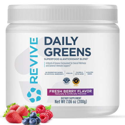 Revive MD Daily Green Powder Superfood (Fresh Berry) - Supergreens Powder to Support Energy Levels - Green Juice that Improves Fiber Intake - Vegetable Supports Digestion and Gut Health (30 Servings)