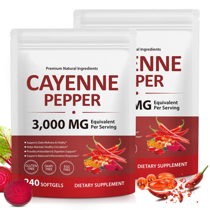 Cayenne Pepper Softgels with Beetroot Extract, Turmeric Curcumin & Hawthorn – Enhanced with Vitamins D3, K2 & E – Supports Heart Health, Circulation & Leg Vein Wellness – 240 Easy-to-Take Capsules