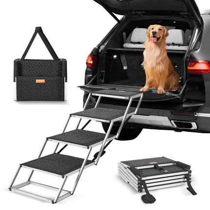 VEVOR 4-Step Dog Car Steps, Folding Dog Ramp with Nonslip Surface, Portable Pet Steps in Aluminum for Car, SUV and Truck, Supports up to 250 lbs