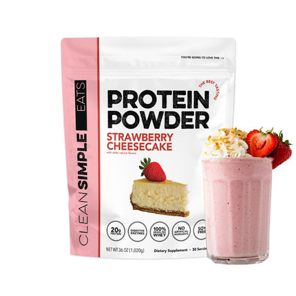 Clean Simple Eats Whey Protein Powder, Strawberry Cheesecake Flavor, Naturally Sweetened, Grass Fed Protein Powder with Digestive Enzymes, No Artificial Ingredients, Gluten Free, 30 Srvgs
