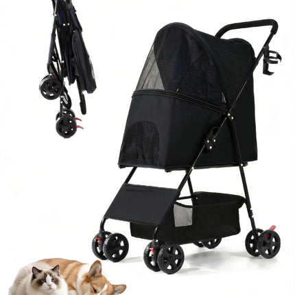 Pet Stroller for Small Medium Dogs Cats - Lightweight 10lbs Foldable Dog Stroller, Breathable Mesh & Safety Tether, 33lbs Capacity with Locking Wheels, Storage Basket for Outdoor Walks-Black