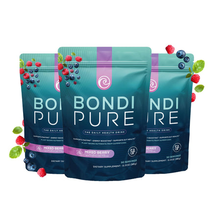 Bondi Pure - Daily Health & Detox Drink - Promote Gut Health & Energy Support During a Cleanse or Intermittent Fasting - Plant-Based Fibers, Alkalizing Super Greens - Berry (30 Servings) 3-Pack